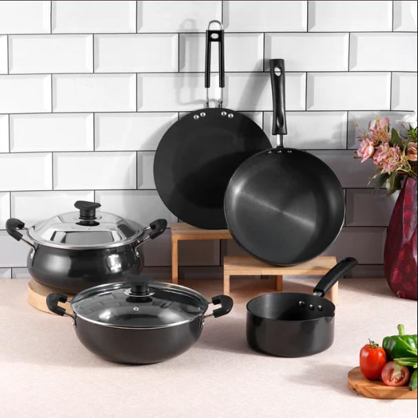Vinod Black Pearl Hard Anodised Rasoi Cookware Set Of 5 - Handle Type: With Handle