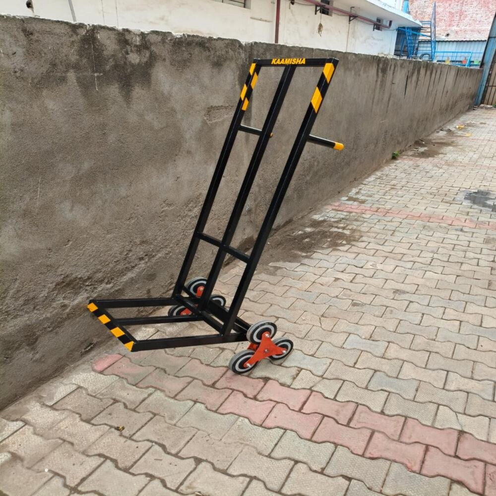 Staircase Trolley - Mild Steel, 1100x500x500 Mm, Black/yellow Stripes | Tri-wheel Rotary Mechanism, Ergonomic Non-slip Handle, Anti-corrosive Powder Coating