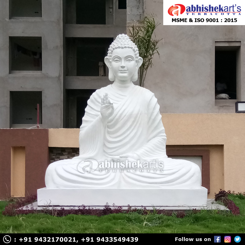 Fiber Buddha Statue - Frp Material, 9 Feet Height, White Color | Effortlessly Portable, Smooth Surface Finish