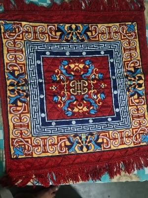 Pooja Aasan Rug - Cotton 21x21 Inch, Woven Traditional Motif, Tassel Fringe, Soft Lightweight
