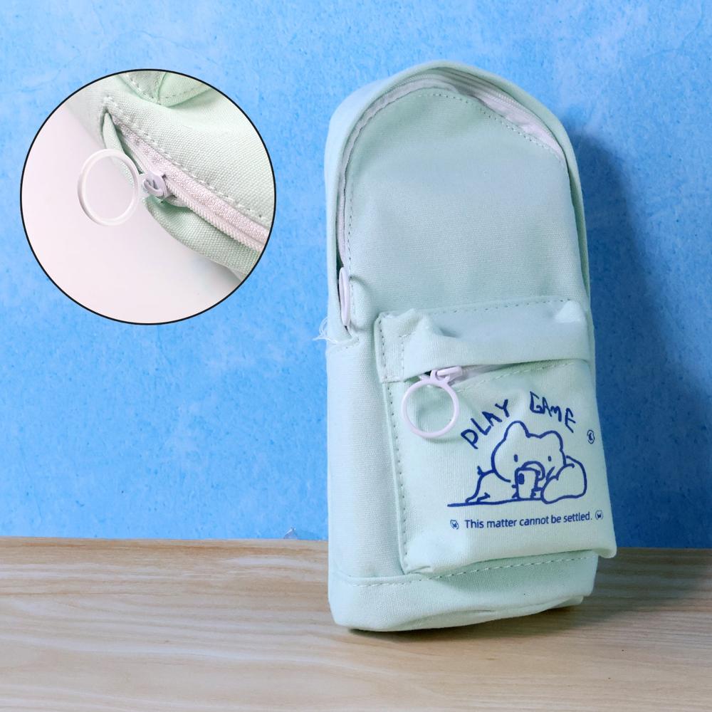 Mini Backpack-style Pencil Pouch - Canvas/cotton Blend, 23x10x8 Cm, Light Mint Green | Front Zip Pocket, Upright Stand, Eco-friendly