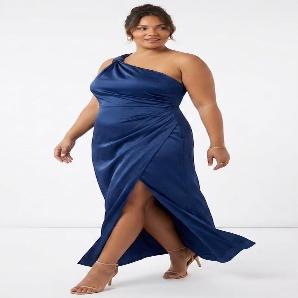 Export Surplus Women'S Navy Blue One Shoulder Satin Maxi Dress - Design: Plain