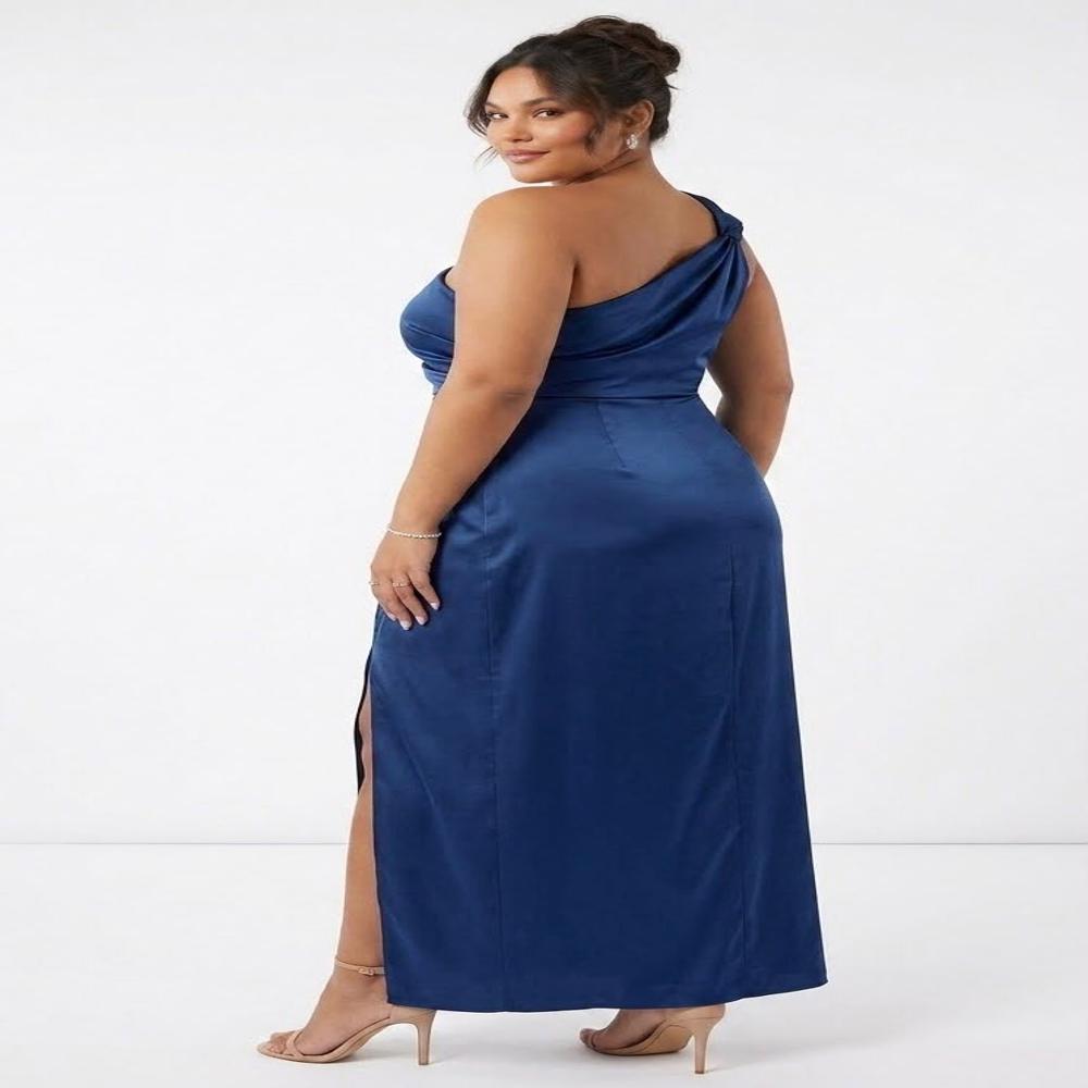 Export Surplus Women's Navy Blue One Shoulder Satin Maxi Dress