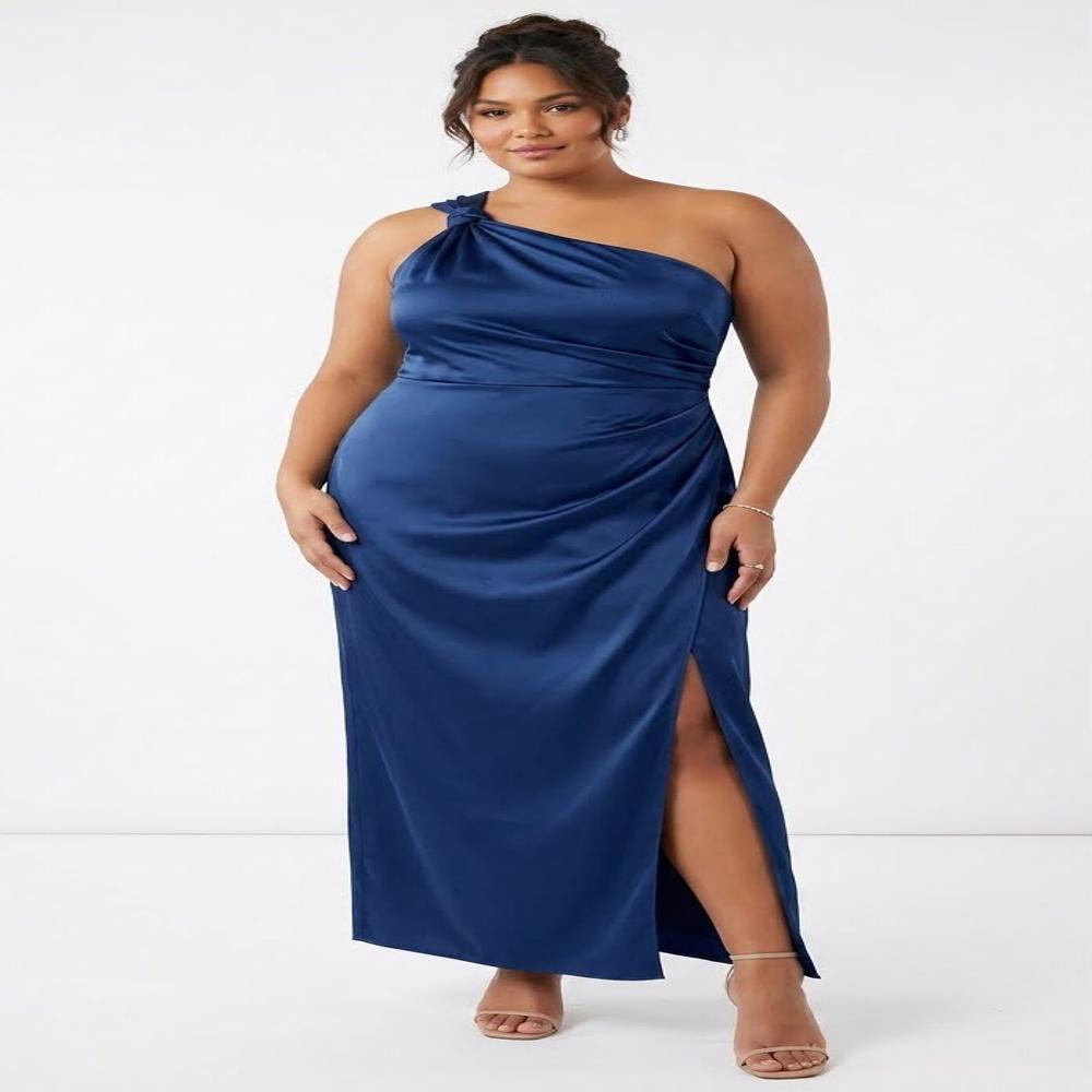 Export Surplus Women's Navy Blue One Shoulder Satin Maxi Dress