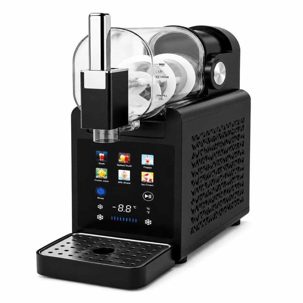 SLUSH MACHINE - Food-Grade Polycarbonate & Stainless Steel, 42x28x55 cm, Black with Transparent Bowl | Digital Control Display, Integrated Compressor Cooling, Easy-Detach Parts, Manual Lever Dispenser