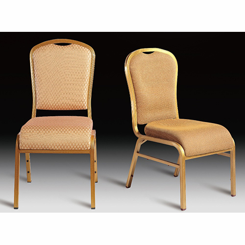 Gold Upholstered Banquet Chair with Patterned Fabric and Metal Frame | Banquet Chair Stackable