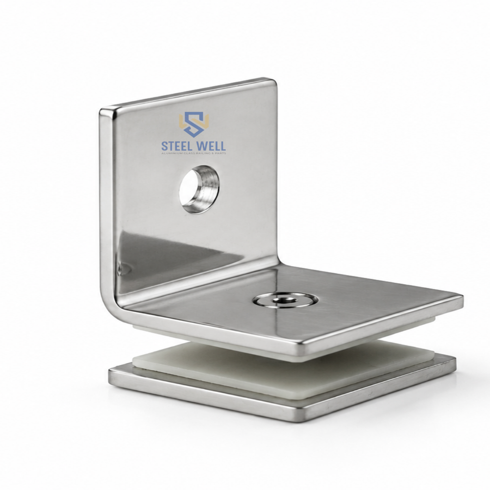 stainless steel L glass connector - SS 304/316 Alloy, 50x50x40 mm, Brushed/Mirror Polished | Non-Slip Gaskets, Corrosion Resistant, Wall/Floor Mount