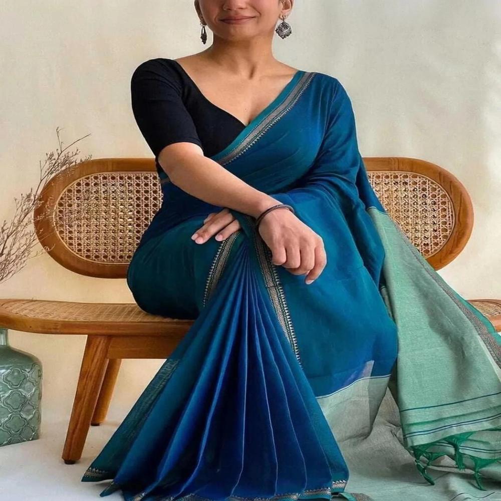 Premium Peacock Blue Tesri Saree | South Indian Soft Tesri Silk Look Saree with Zari Border | Plain Traditional Women's Saree | Wholesale Manufacturer