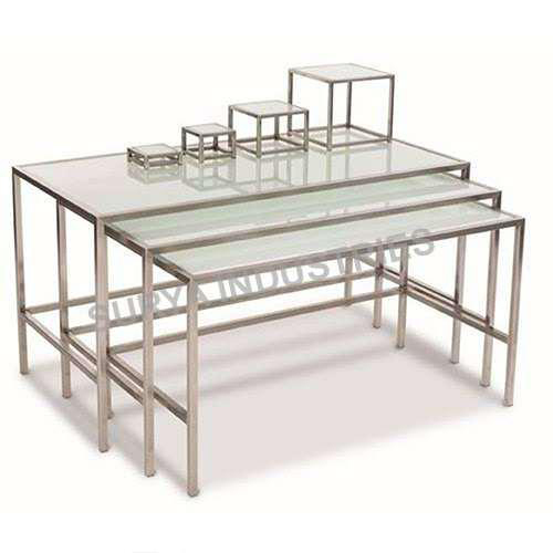 Reception Banquet Table - Polished Stainless Steel Frame, Nestable Tempered Glass Tops, Silver Clear