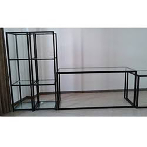Hotel Banquet Table - Powder-Coated Black Steel Frame, 1500x400x1700mm, Clear Tempered Glass Shelves, Modular Storage Rack