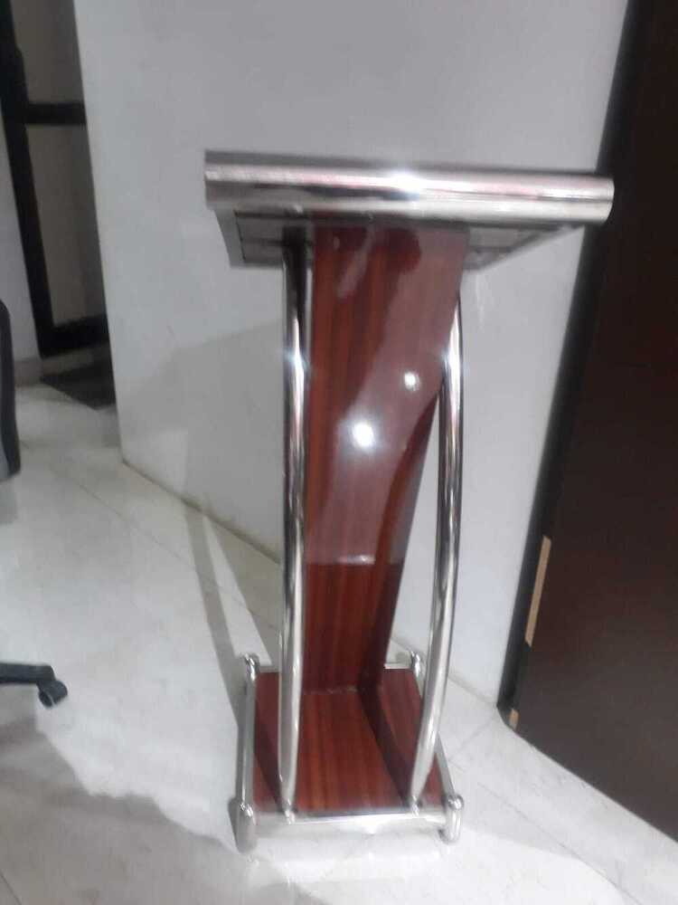 Wooden Steel Podium - Stainless Steel & Laminated Wood, 600x500x1100mm, Brushed Silver with Natural Wood Finish | Dual Microphone Holders, Custom Logo Engraving, Rust Resistant, Easy to Clean