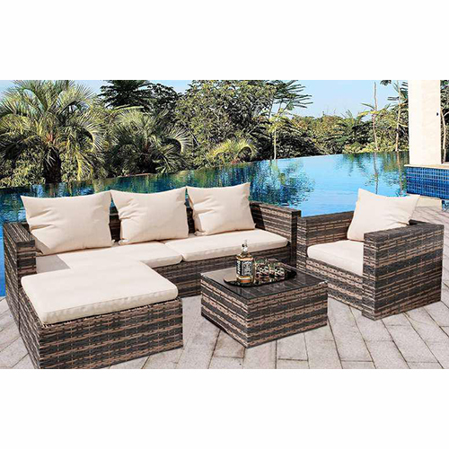 Contemporary Garden Outdoor Chair - Handwoven PE Rattan Aluminum Frame, Beige Cushions, Tempered Glass Table