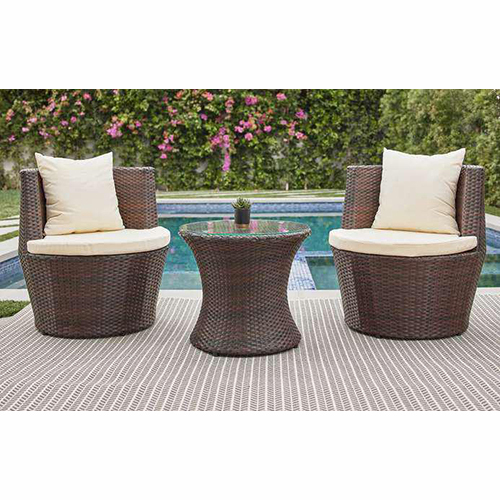 Durable Plastic Outdoor Chair Set - Synthetic Rattan, 2 Chairs & Glass Table, Brown with Beige Cushions, Rustproof Frame