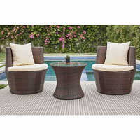 Durable Plastic Outdoor Chair Set - Synthetic Rattan, 2 Chairs & Glass Table, Brown With Beige Cushions, Rustproof Frame