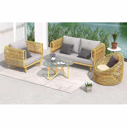Sustainable Outdoor Chair - Handwoven Rattan & Powder-Coated Steel, Natural Rattan with Grey Cushions, Ergonomic Plush Seating Set