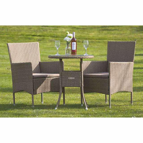 Summit Outdoor Chair - Rattan/Wicker, 2 Chairs + Round Table, Beige/Brown, Powder-Coated Steel Frame, UV & Water Resistant