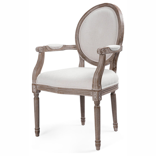 Commercial Grade Chair - Sustainable Solid Wood, Oval Padded Backrest, Light Brown Frame, Off-White Upholstery, Carved Wooden Armrests