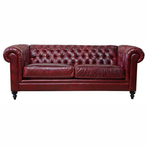 Cushioned Restaurant Sofa - Genuine Leather 210x90x75 cm Burgundy Red | Kiln-Dried Hardwood Frame Deep Button Tufting Rolled Armrests