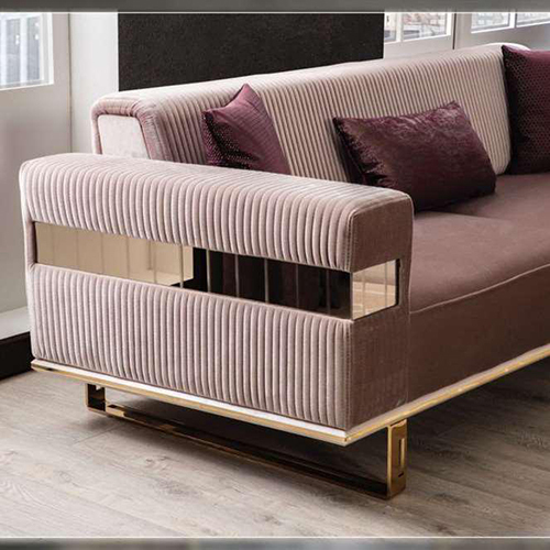 Designer Restaurant Sofa - Hardwood 210x90x85 cm Muted Pink Velvet Gold Metal Legs | Ribbed Pattern Padded Armrests Cushioned Backrest