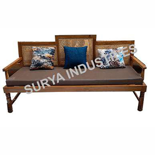 SIRS 61 Antique Sofa - Solid Teakwood, 190x70x100 cm, Natural Wood Finish | Handcrafted Cane Panels, Removable Cushions, High Back Design