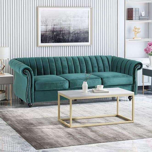 Luxury Restaurant Sofa - Kiln-Dried Hardwood, 215x85x85 cm, Matte Emerald Velvet | Rolled Armrests, Tufted Back, Turned Solid Wood Legs