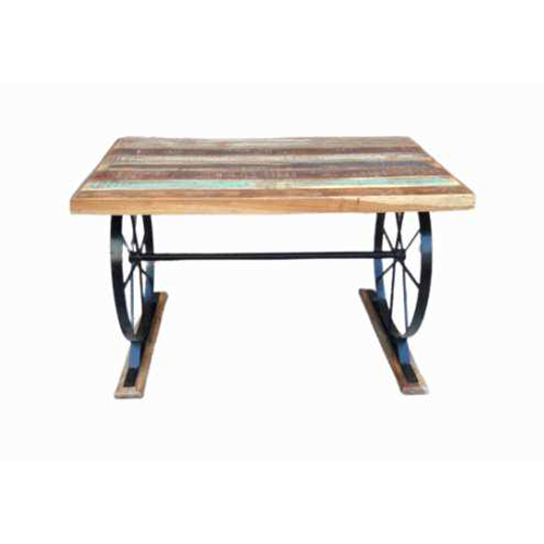 Crown Dining Table - Recycled Wood 120x60x76 cm, Multi-Color Distressed Finish, Wagon Wheel Iron Base
