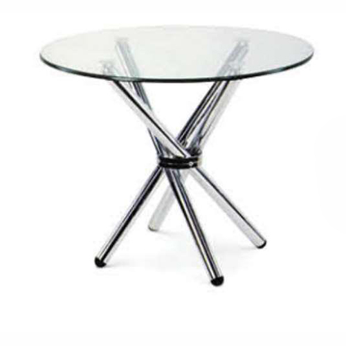 Apex Dining Table - Stainless Steel, 900mm Diameter, Transparent & Chrome, Tempered Glass Top, Intersecting Legs