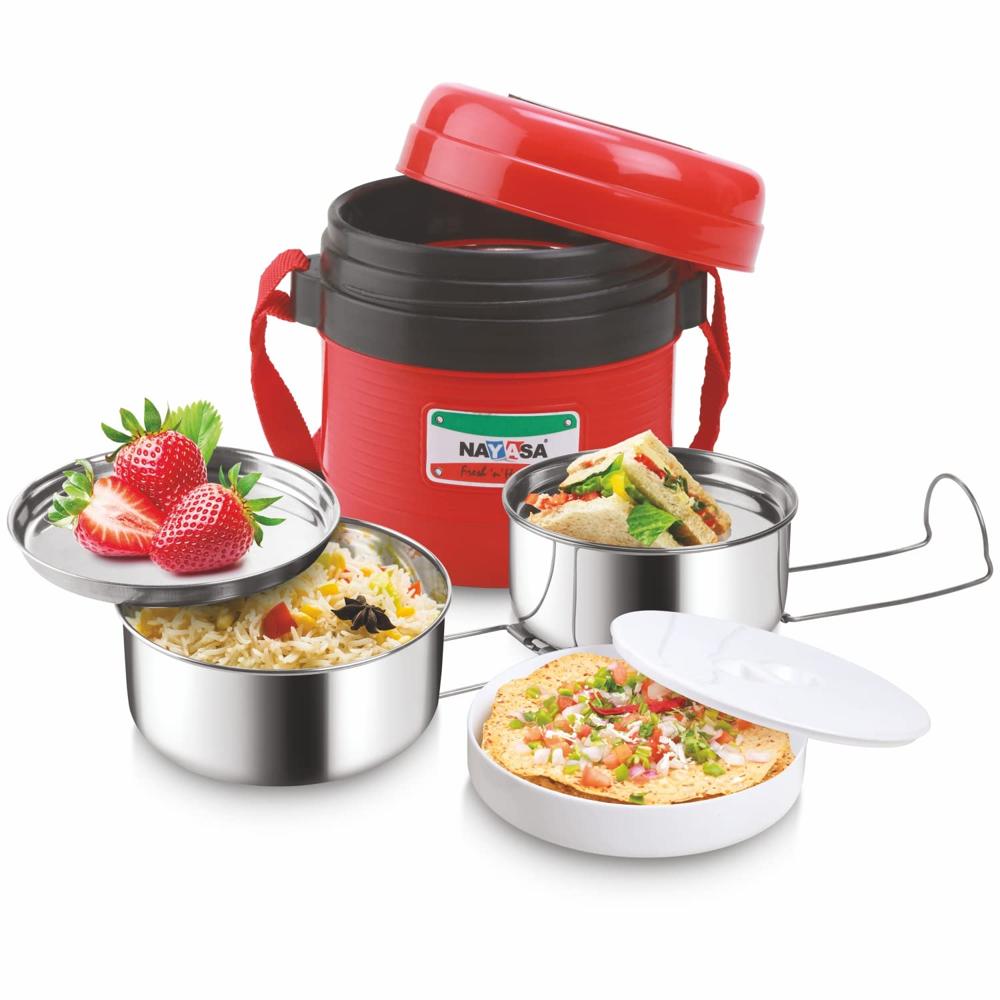 Nayasa Ruf & Tuf- 3 Individual Inner Steel Containers, 3 Tier Stainless Steel Containers, 1 Salad Container With Lifter, Shoulder Belt, Red - Material: Plastic