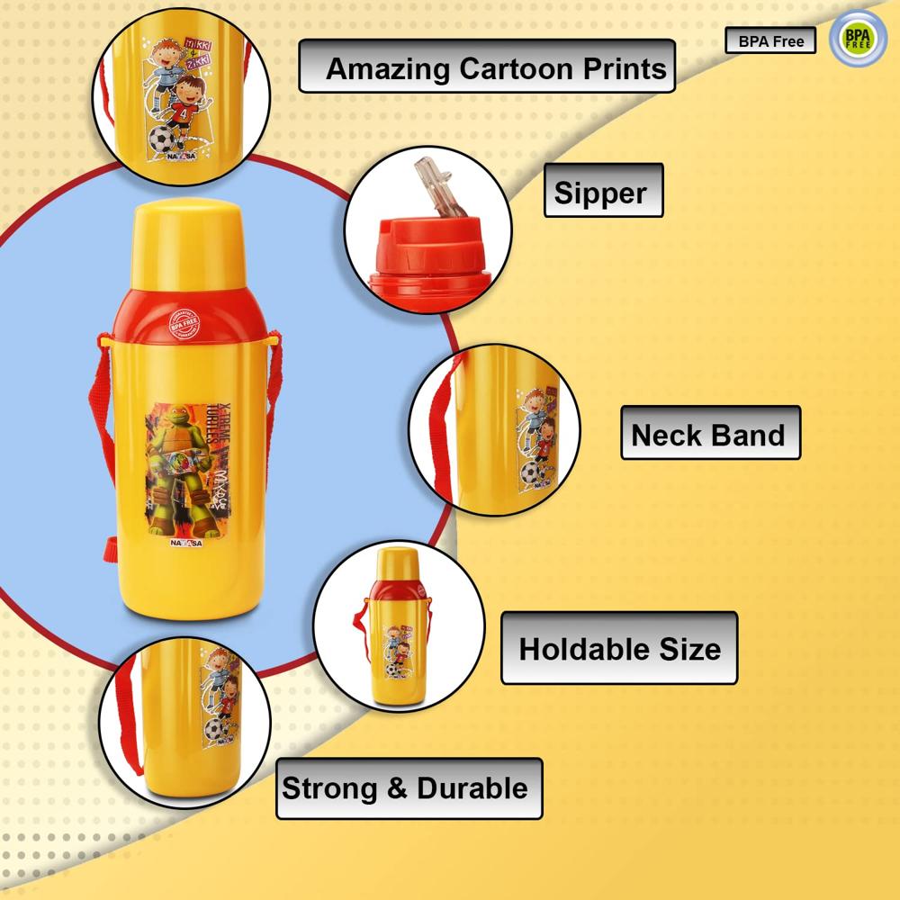 Nayasa Nippy- 700 ML Insulated Water Bottles with Plastic Inner, Kids Sipper Water Bottle with Cup Style Lid, High Grade, Leakproof, BPA Free, Kids Safe Water Bottle, Yellow