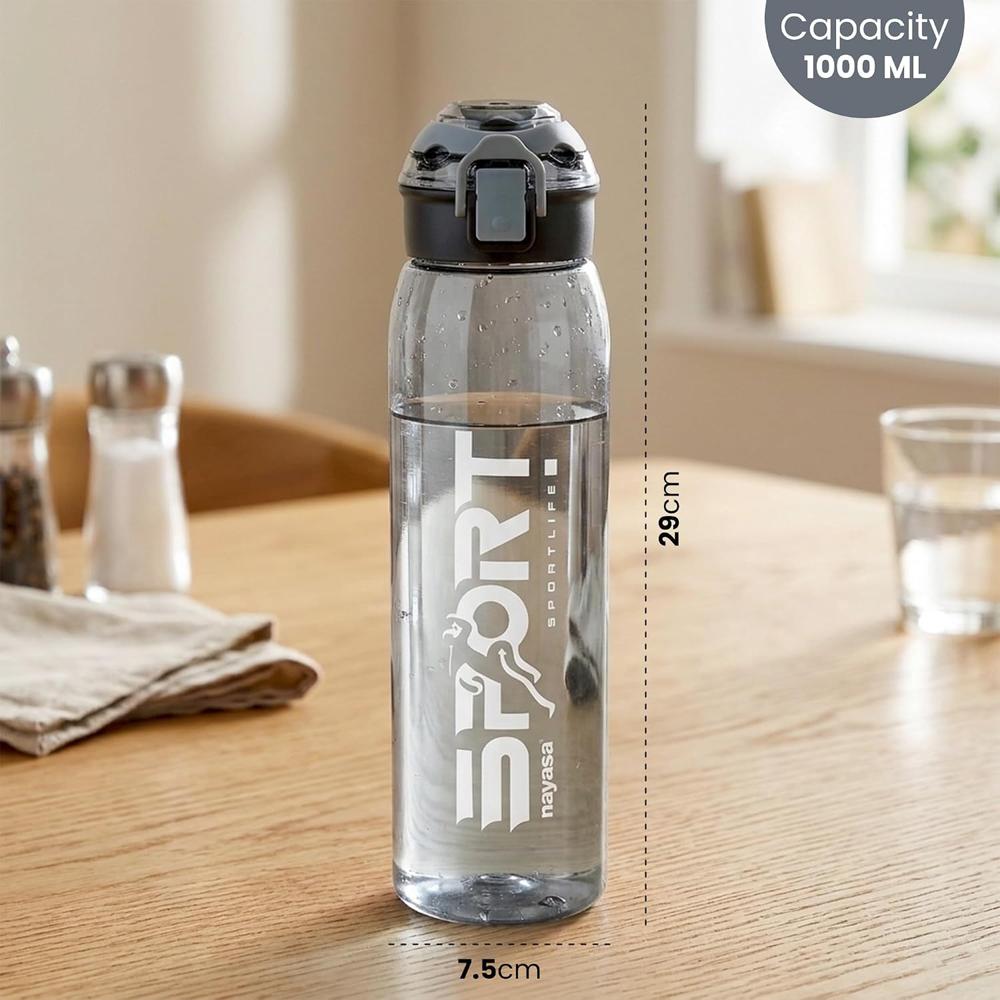 Nayasa Turbine 1000 ml BPA Free Plastic Water Bottle | Leak Proof | Unbreakable | Wide Mouth with Scale | Sports Bottle | Black
