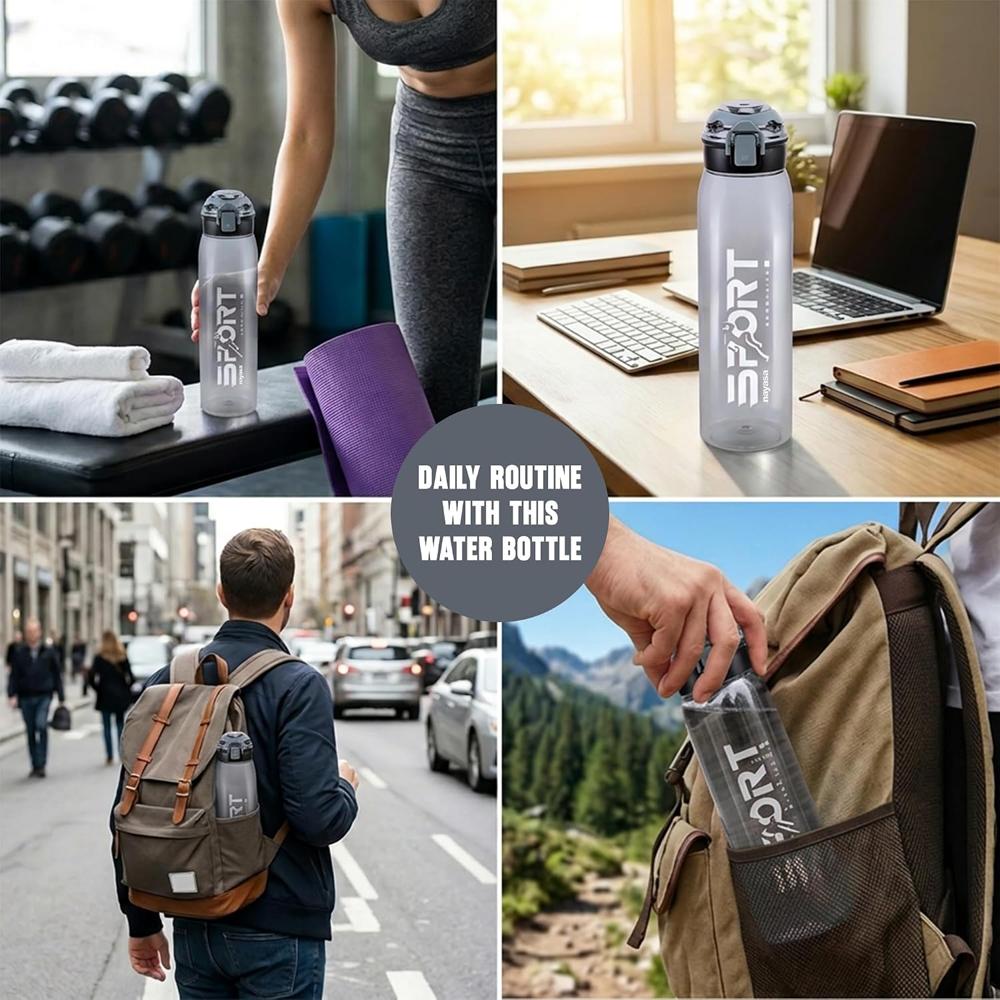 Nayasa Turbine 1000 ml BPA Free Plastic Water Bottle | Leak Proof | Unbreakable | Wide Mouth with Scale | Sports Bottle | Black