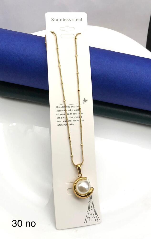 Moon Pearl Pendant Necklace - Metal Alloy, 1.5 cm Pendant, Gold-Plated with Artificial Pearl, Nickel-Free, Tarnish Resistant