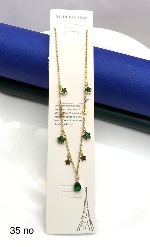 Green Emerald Crystal Necklace - Gold Plated Metal Alloy, 18 Inches, Teardrop Floral Pendant, Hypoallergenic
