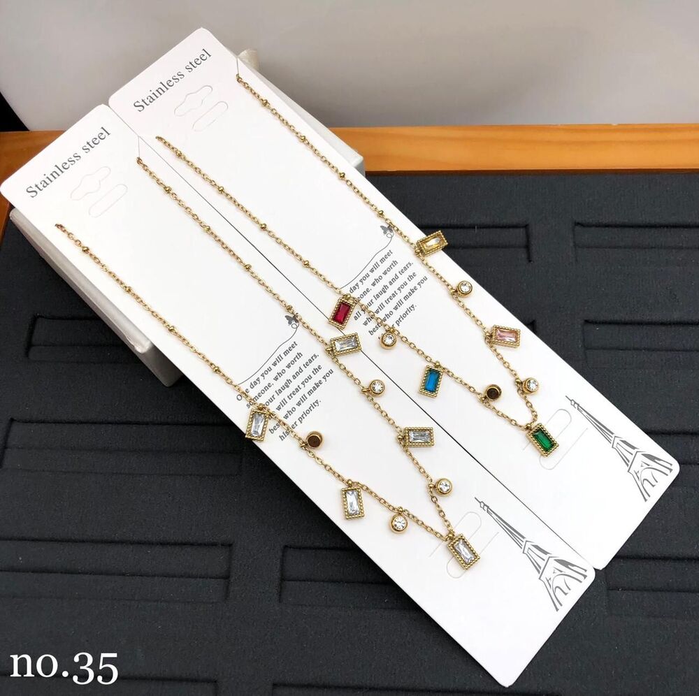 Multi Color Baguette Crystal Necklace - Gold Plated Alloy, Adjustable 18 inches | Hypoallergenic, Tarnish Resistant, Geometric Design
