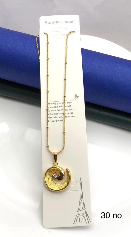Textured Spiral Pendant Necklace - Gold-Plated Stainless Steel, 2.5 cm Pendant, Hypoallergenic | Textured Spiral Motif, Embedded Crystal, Station Bead Chain