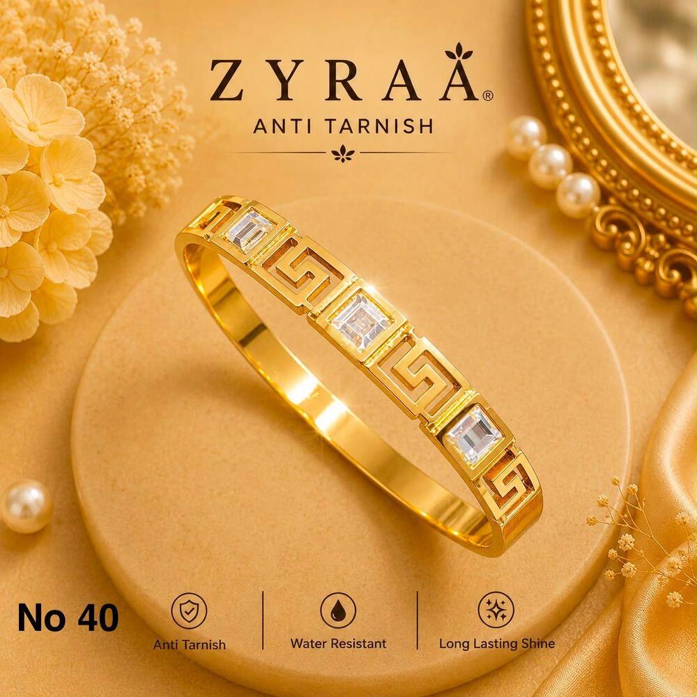 Gold Plated Greek Pattern CZ Anti Tarnish Bangle - Brass Alloy, 2.4 Inch Diameter, High Gloss Gold Polish, Slip-On Closure