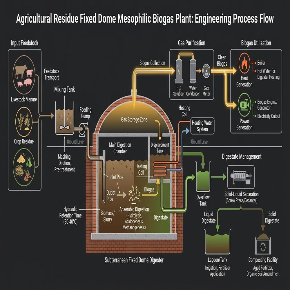 Operational Vehicular Fuel (CBG) Poultry Litter Fixed Dome Automated Feeding Biomethane Plant
