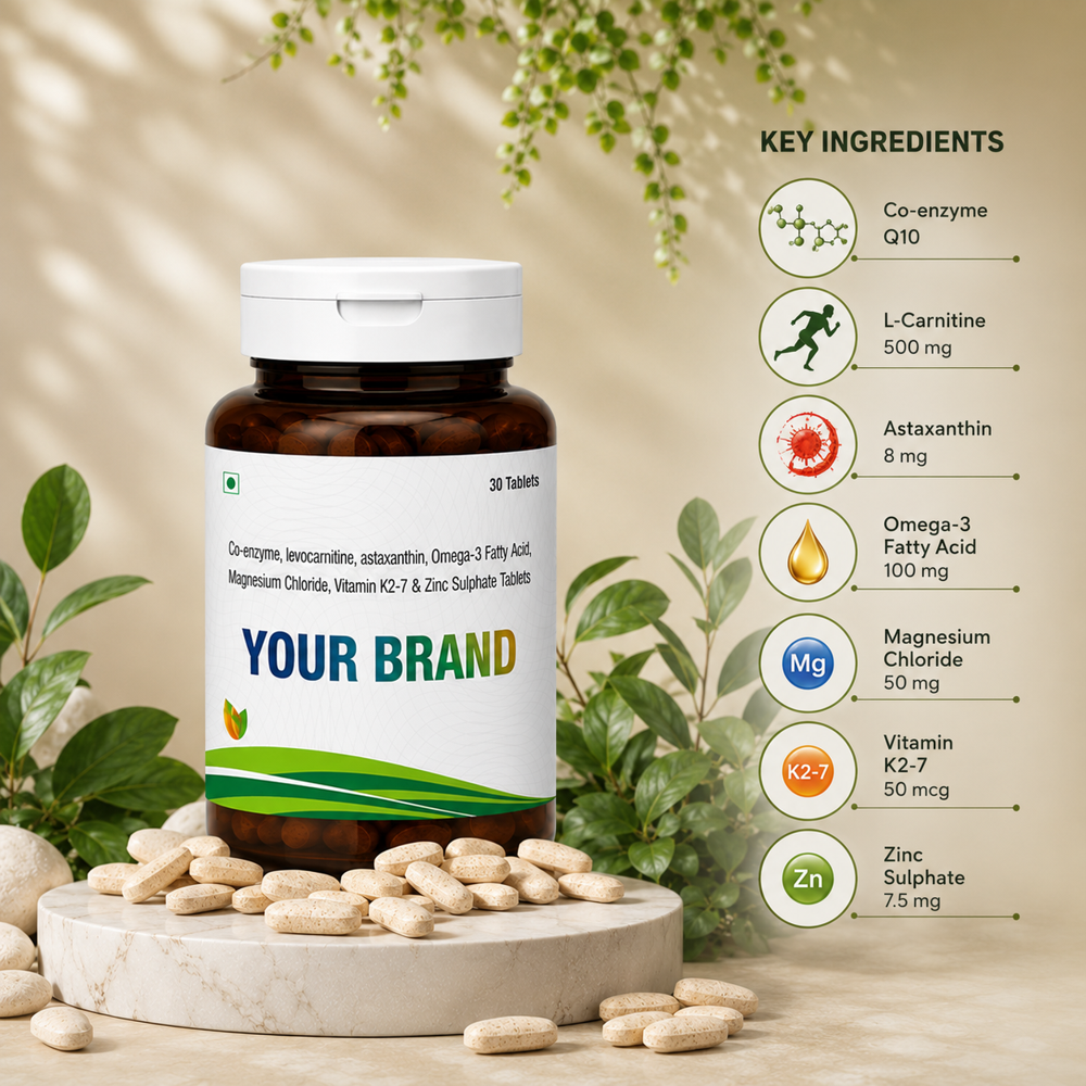 Co-enzyme ,levocarnitine, asthaxanthin, omega 3 fatty acid,magnesium chloride vitamin k27& zink sulphate tablet