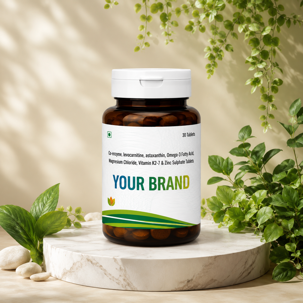 Co-enzyme ,levocarnitine, asthaxanthin, omega 3 fatty acid,magnesium chloride vitamin k27& zink sulphate tablet