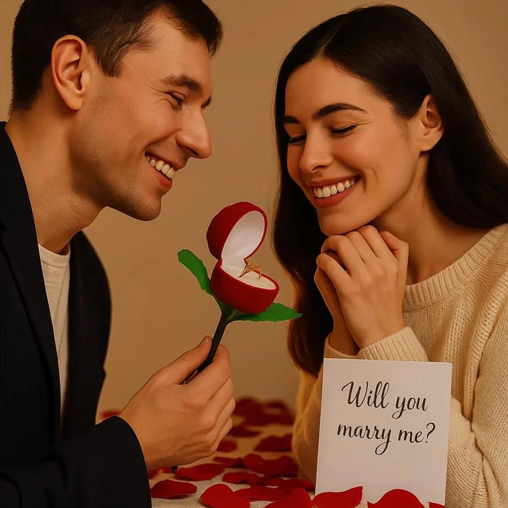 Romantic Artificial Rose Ring Box Stick 2 Piece Flower Shaped