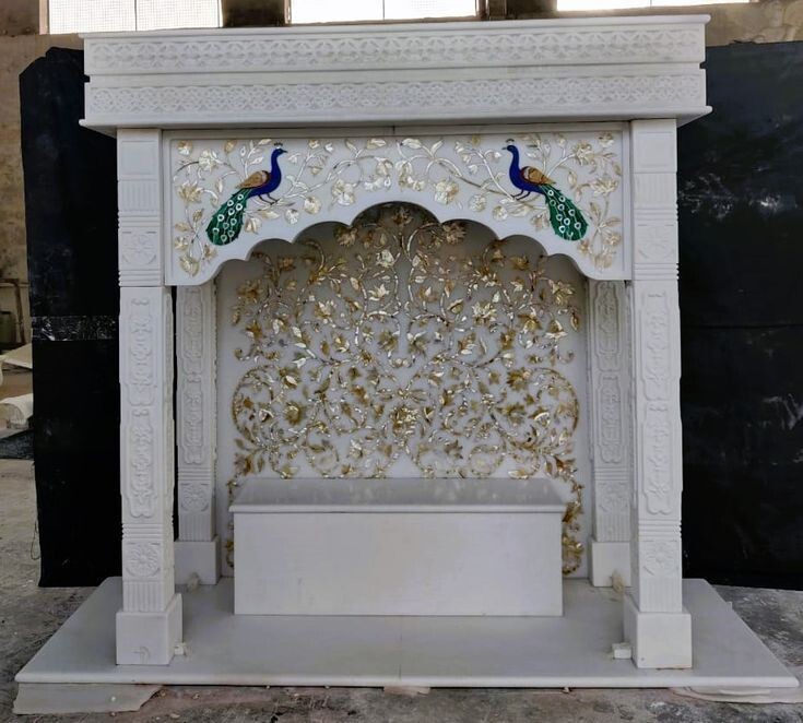 White Square Peacock Inlay Marble Temple