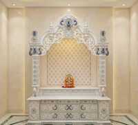 White Marble Home Temple - Custom 5-7ft X 2-3ft X 4-5ft, White With Blue And Gold Accents | Handcrafted Ethnic Design, Polished Finish, Multi-drawer Storage