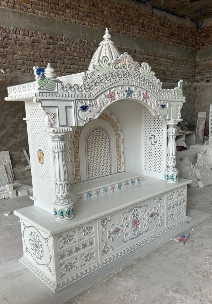White Marble Mandir - Handcrafted 4-5 Ft Rajasthani Style, White With Blue Accents | Polished Marble, Multi-shelf, Engraved Mandala Back Panel