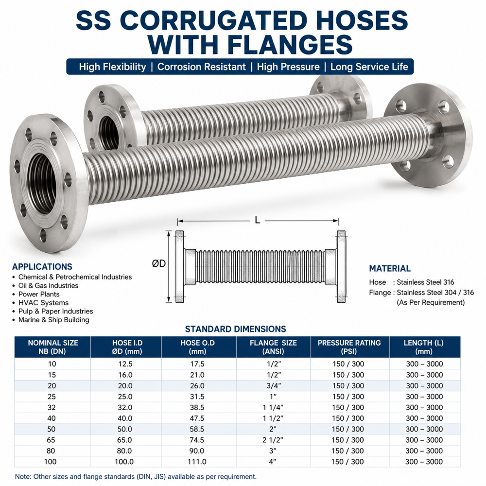 Stainless Steel hose Welded With SS Flange Size from 1/4'' to 10''