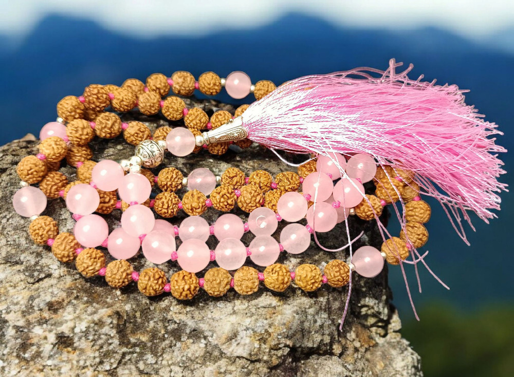 ROSE QUARTZ & RUDRAKSHA MALA