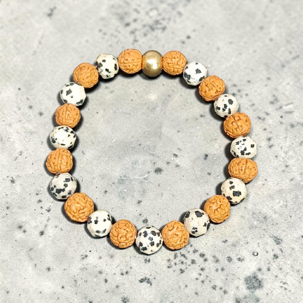 DALMATION JASPER DIAMOND CUT & RUDRAKSHA BRACELET 8 MM