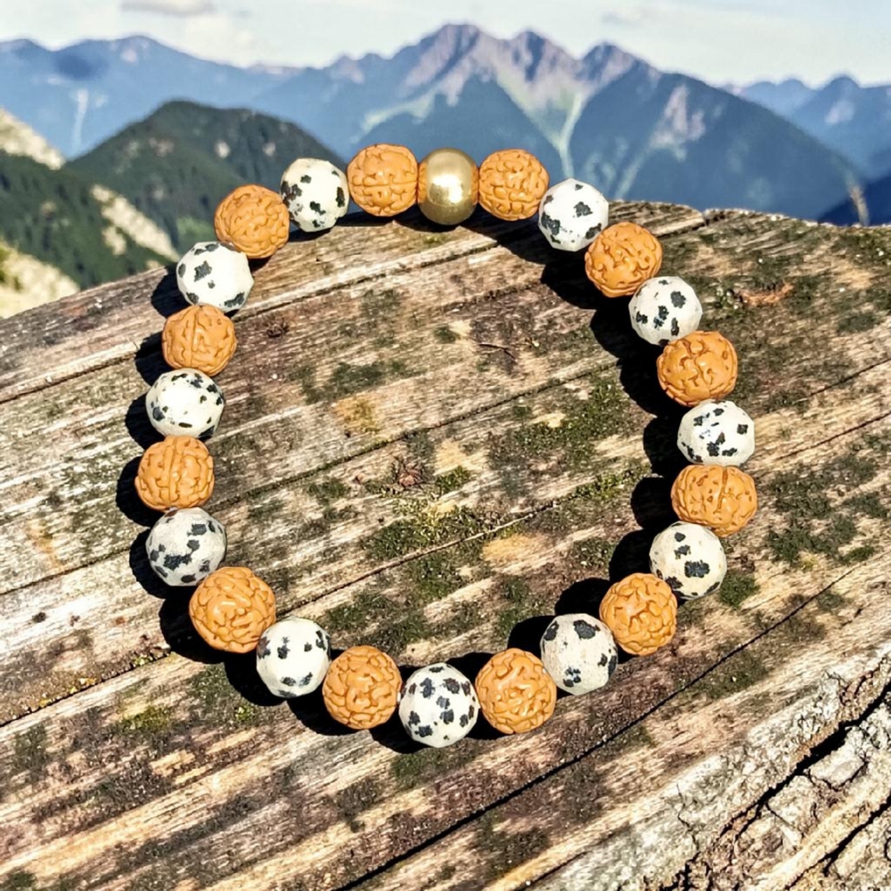 DALMATION JASPER DIAMOND CUT & RUDRAKSHA BRACELET 8 MM