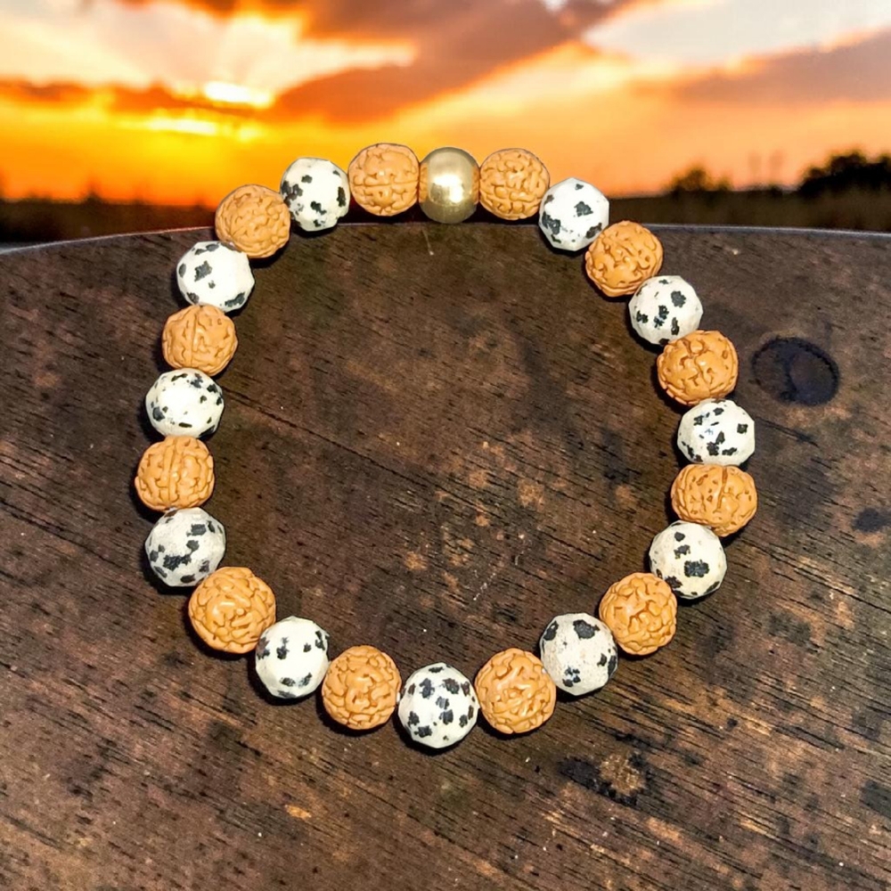 DALMATION JASPER DIAMOND CUT & RUDRAKSHA BRACELET 8 MM