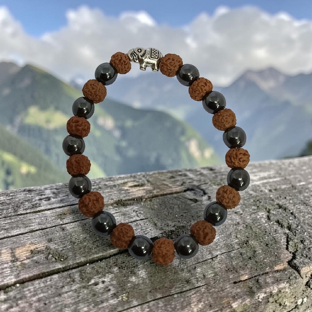 HEMATITE & RUDRAKSHA BRACELET WITH ELEPHANT 8 MM