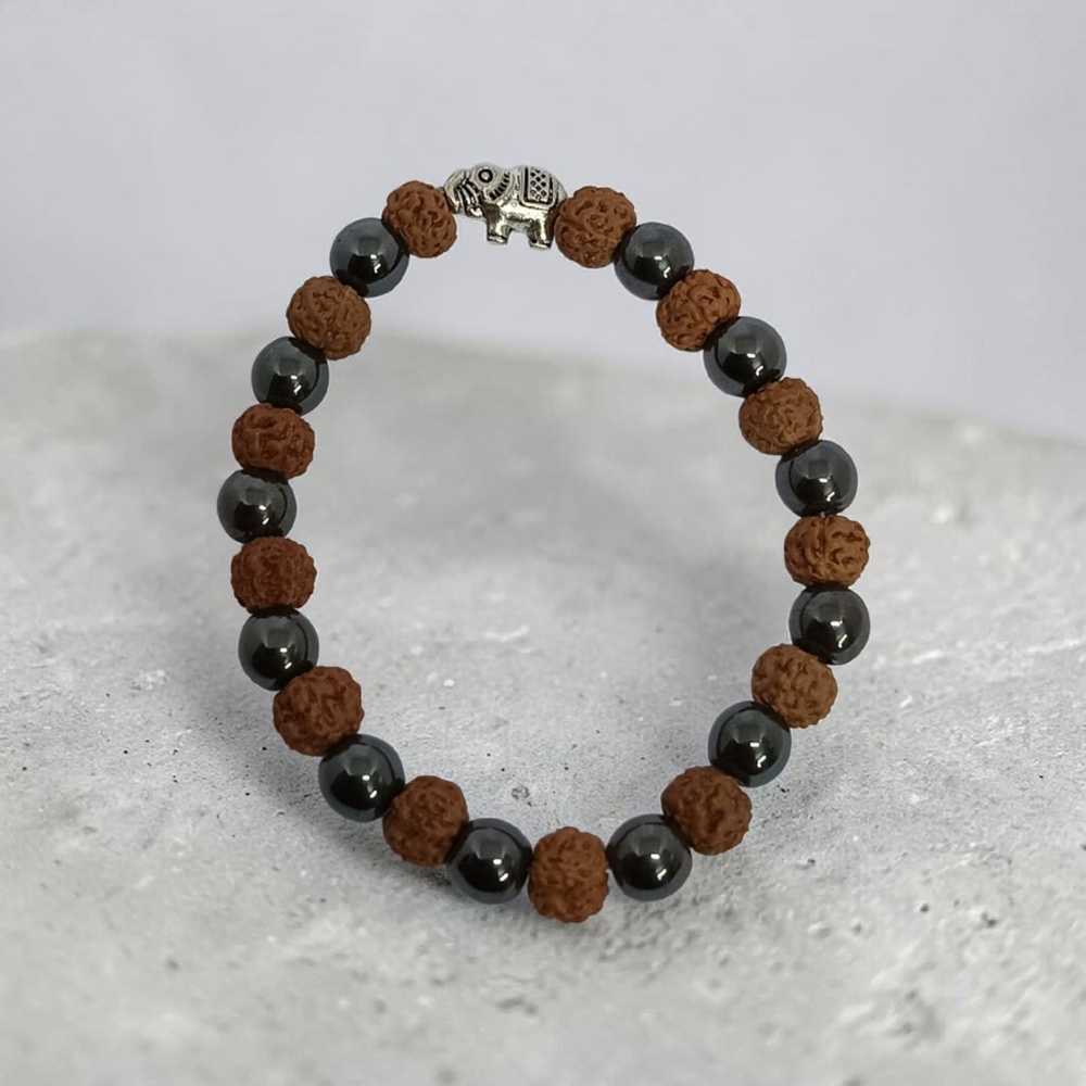 HEMATITE & RUDRAKSHA BRACELET WITH ELEPHANT 8 MM